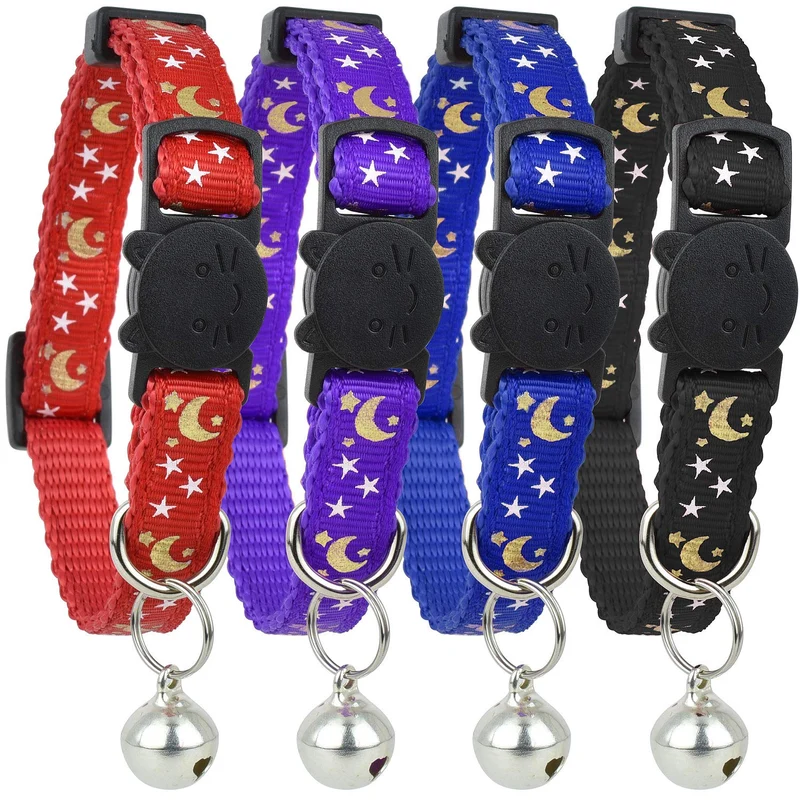 Bemix Pets – Collier Chat Étoiles et Lune, Pack 4, Réfléchissants + Clochette, Nylon Confort