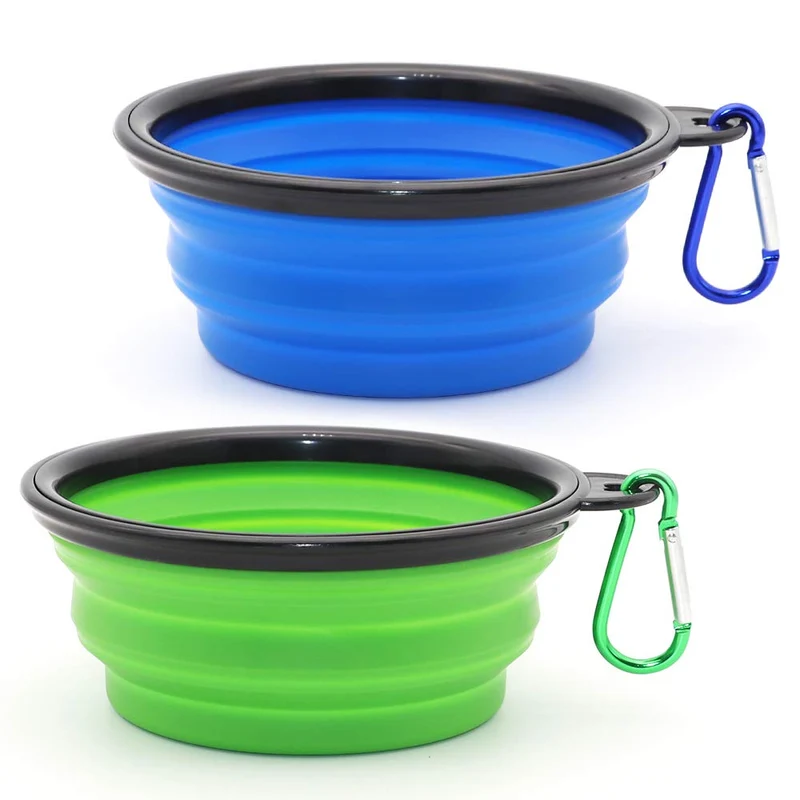 SLSON Bol Pliable pour Chiens et Chats – Lot de 2, Portable, Avec Mousquetons (Bleu et Vert)