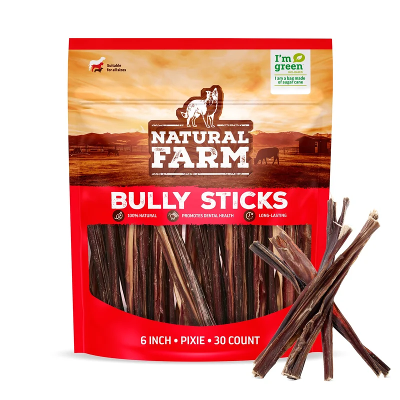 Natural Farm Bâtonnets Pizzle 6 pouces – Pack 30, Bœuf sans céréales, Protéines élevées