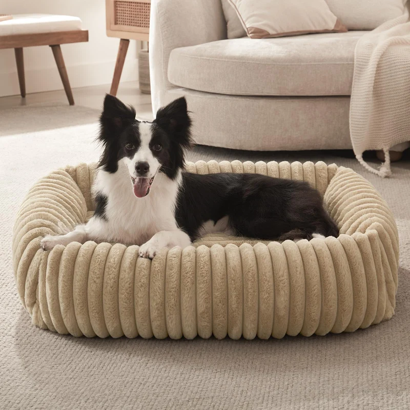FURTIME Lit Chien Moyen Orthopédique – housse amovible, anti-dérapant, beige 30x24x8