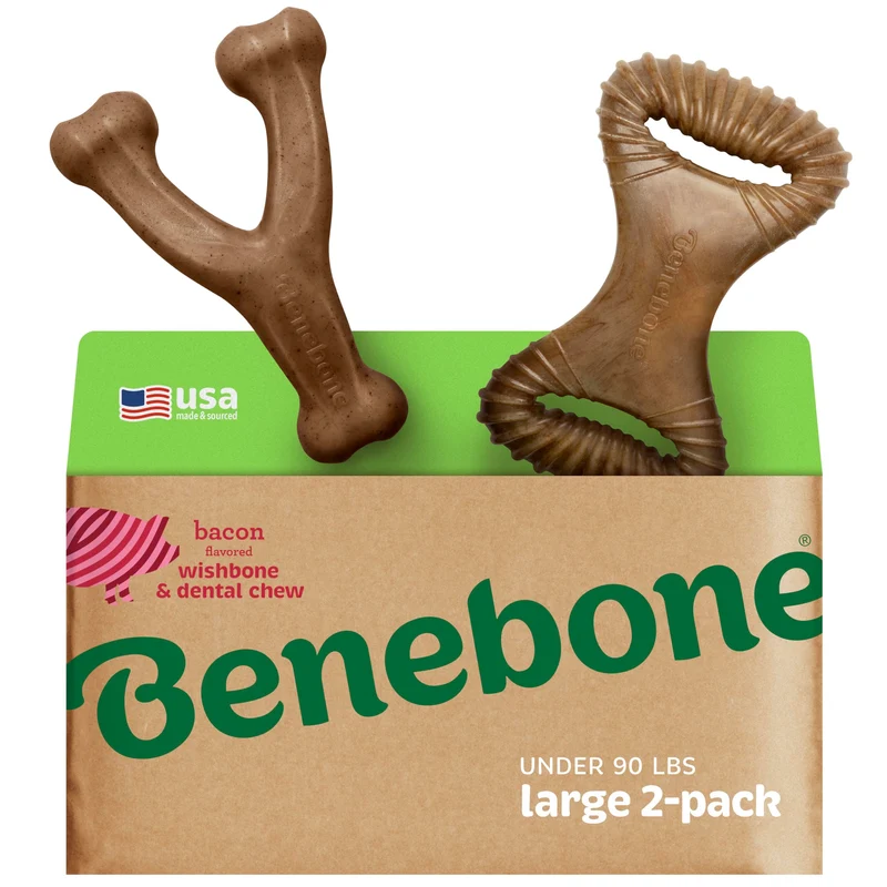 Benebone 2-Pack Jouets Durables pour Chien – Wishbone et Fishbone, Saveur Bacon, Fabriqué aux États‑Unis, Grand