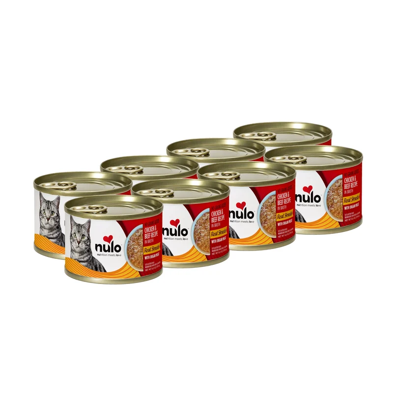 Nulo Real Shreds avec viandes d’organes – Poulet et Boeuf, 170 g par boîte, 8 boîtes pour chats