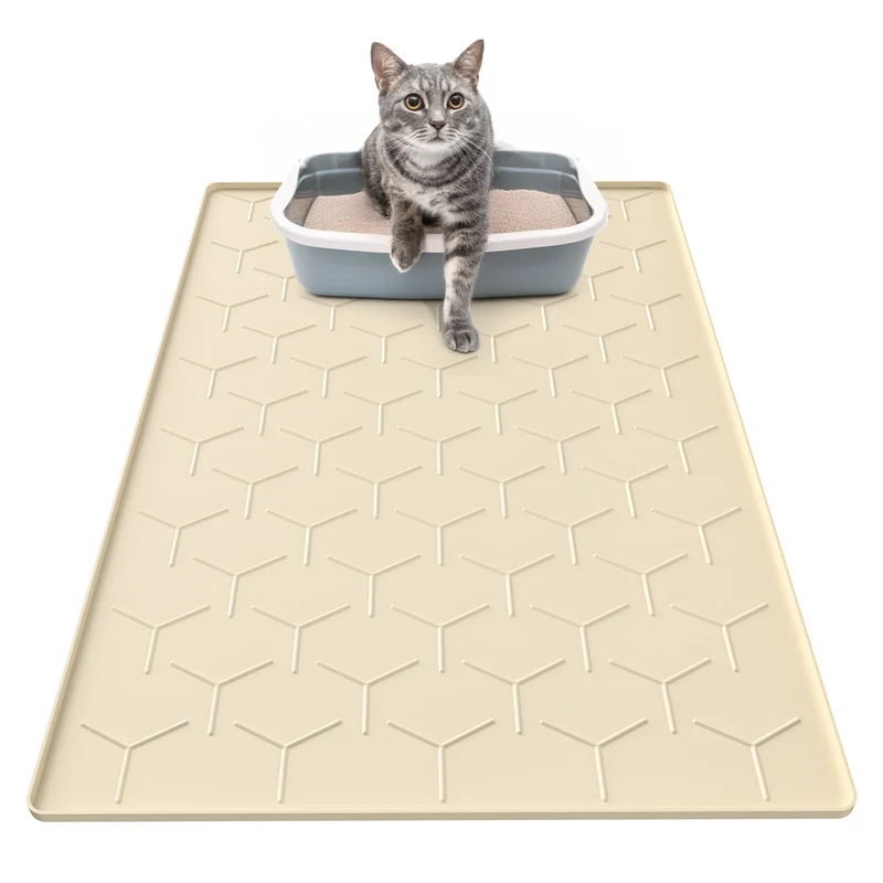 Garoopion Tapis Anti-litière en Silicone pour Chat – Grand 34x22 po, Étanche, Beige, Facile à Nettoyer