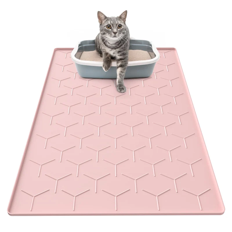 Garoopion Tapis Litière pour Chat en Silicone – Étanche 34 x 22 po, Rose, Facile à Nettoyer