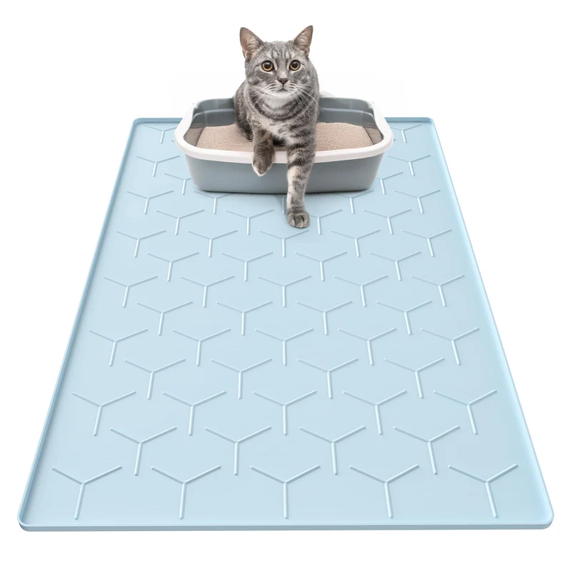 Garoopion Tapis anti-traces pour litière de chat – Silicone, 34 × 22 po, Bleu