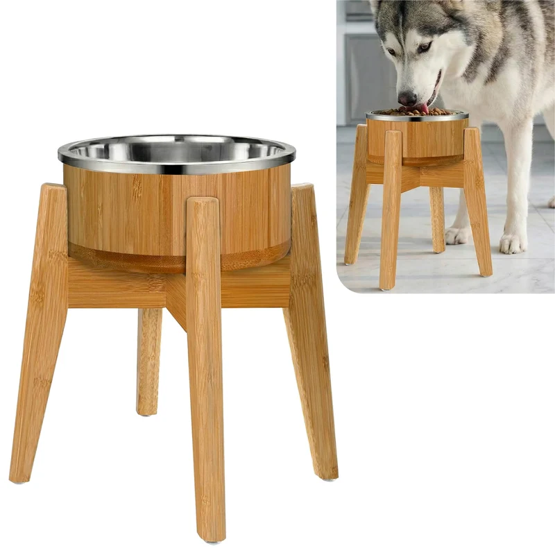 ZPirates Bol Elevé 12 Pouces pour Chiens Moyens à Grands – Bambou et Inox