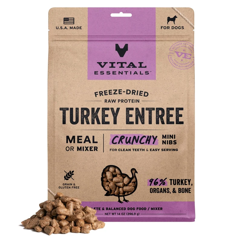 Vital Essentials - Nourriture canine lyophilisée à la dinde: mini bouchées croustillantes | Repas complet ou garniture | Sans céréales | Sac d'environ 400 g