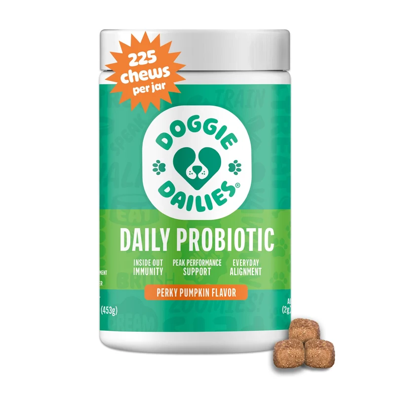 Doggie Dailies Probiotiques pour Chiens – Probiotiques Avancés avec Prébiotiques (Citrouille) – 225 Friandises