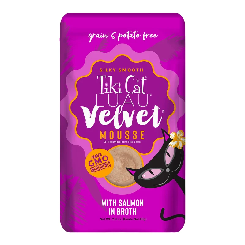 Tiki Cat Luau Velvet Mousse – Saumon en Bouillon, Nutrition Complète pour Chats Tous Âges, Lot de 12 Sachets (80 g)
