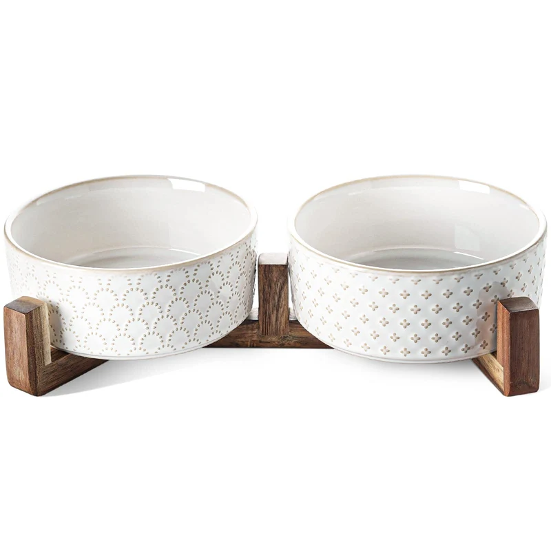 LE TAUCI – Gamelles en céramique pour chiens (3 tasses) avec support en acacia, design surélevé et antidérapant