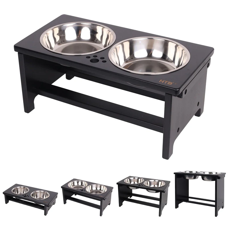 HTB Gamelles surélevées pour chien – Support en bambou et 2 bols inox, hauteur ajustable