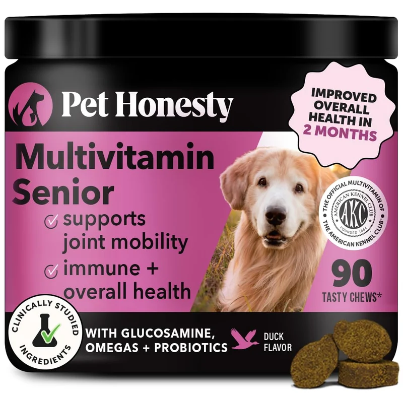 Pet Honesty – Multivitamine Senior pour Chien (Goût Canard, 90 comprimés) | Glucosamine, Probiotiques et Oméga