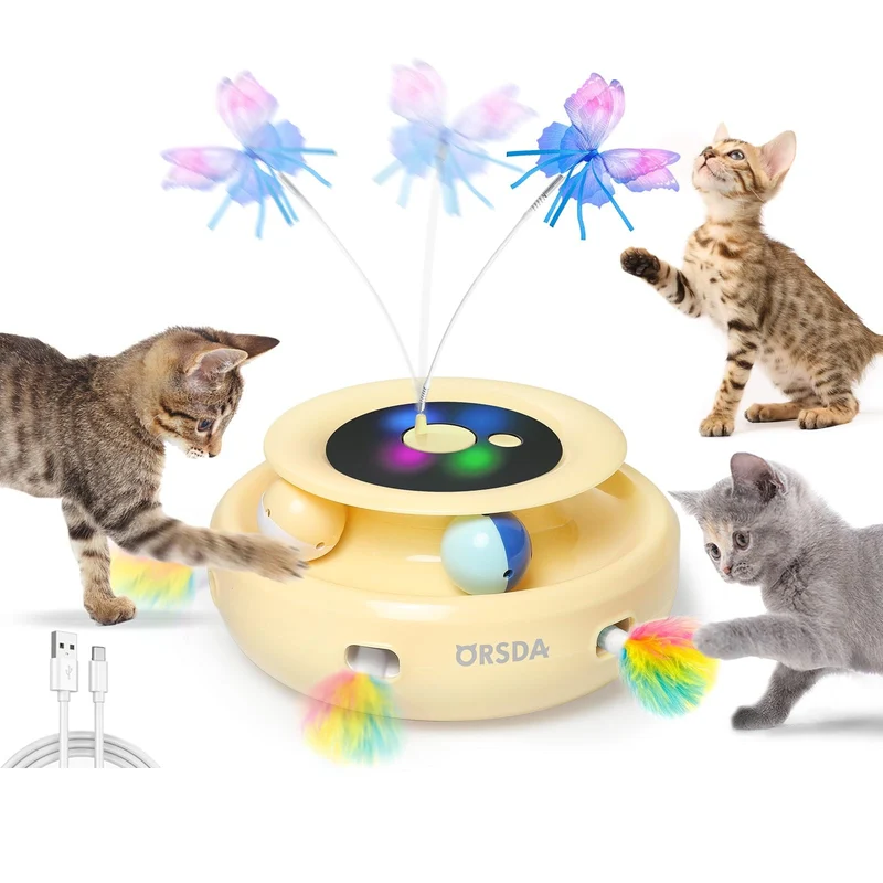 ORSDA Jouet pour chat 3-en-1 – Embuscade plume, Papillon, Boules sur rail – Rechargeable USB