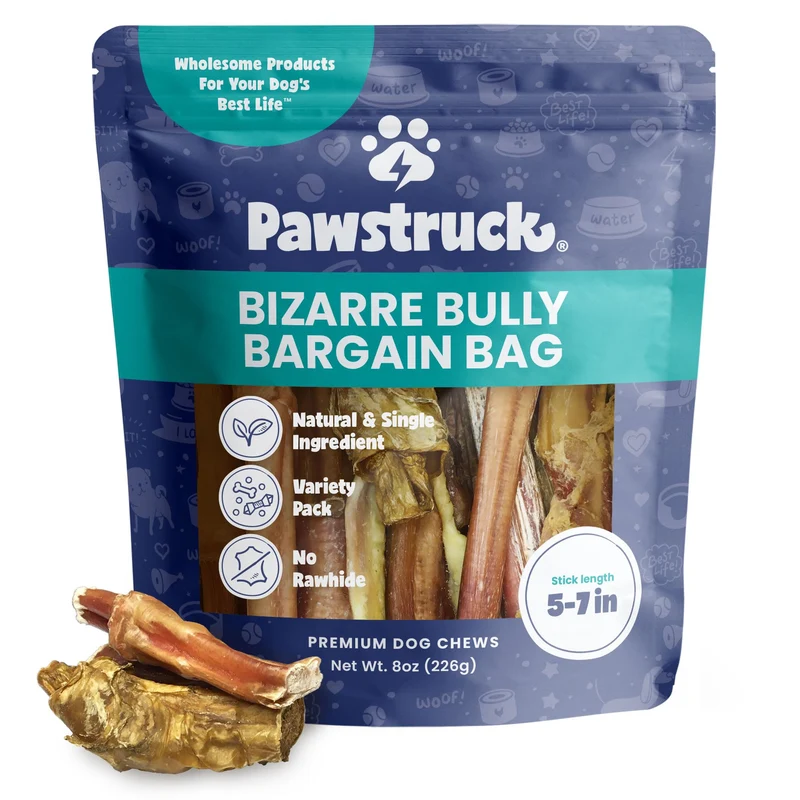 Pawstruck Bizarre Bully Sticks – Lot Varié 5–7 Pouces, Longue Durée, Sachet 8 oz – Emballage Variable