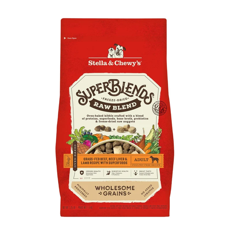Stella & Chewy's SuperBlends : Mélange cru aux céréales complètes – Boeuf nourri à l'herbe, foie et agneau, superaliments, sac 3,25 lb