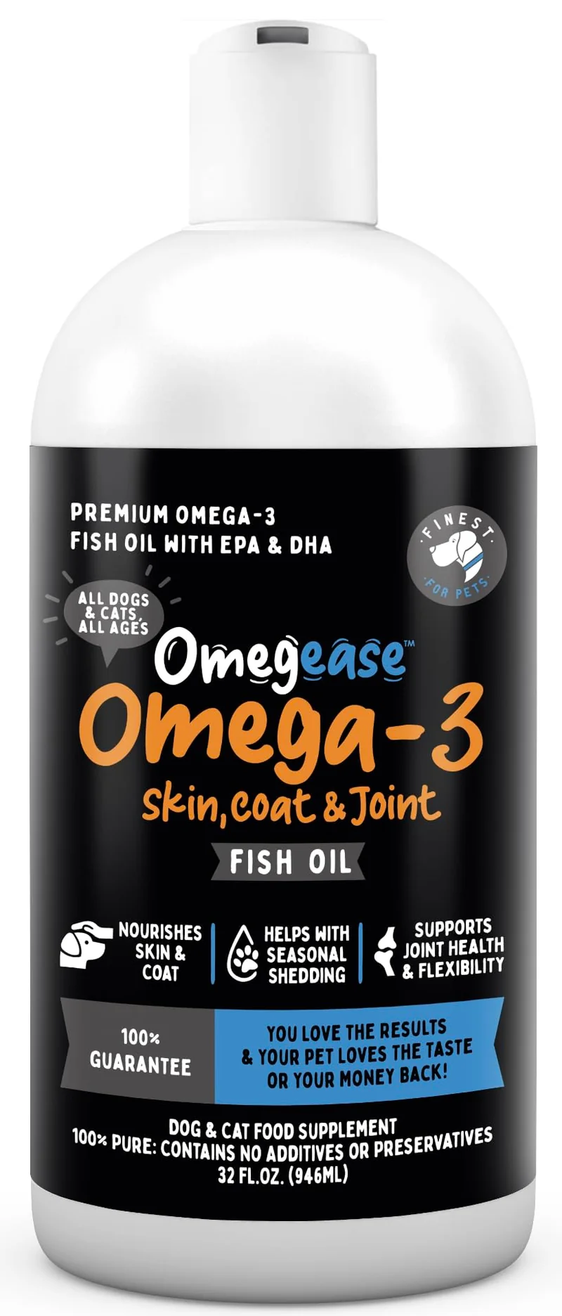 Omegease — Huile de poisson 100 % pure pour chiens et chats, EPA et DHA (32 onces liquides, ≈946 ml)