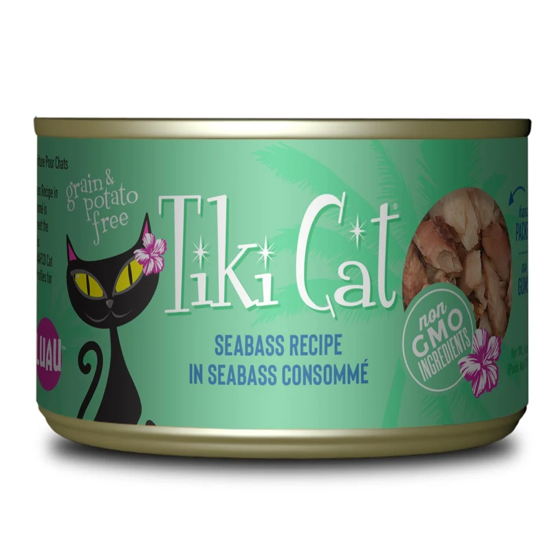 TIKI PETS Tiki Cat Luau – Viande effilochée à la seabass dans consommé, sans céréales, nutrition équilibrée pour chats, boîtes 170 g x8