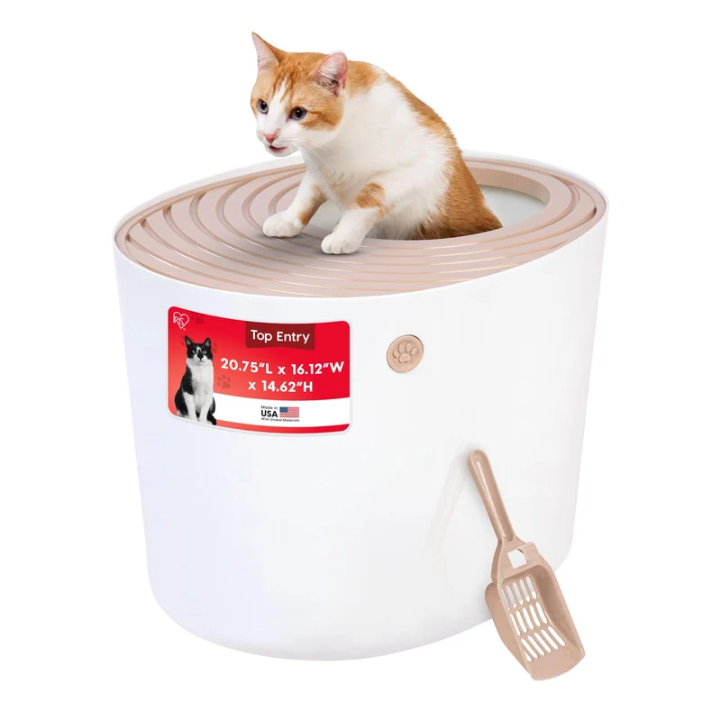 IRIS USA – Grande litière pour chat à entrée par le haut, design fermé, fabriquée aux États‑Unis, pelle incluse, contrôle des odeurs – Beige et Blanc
