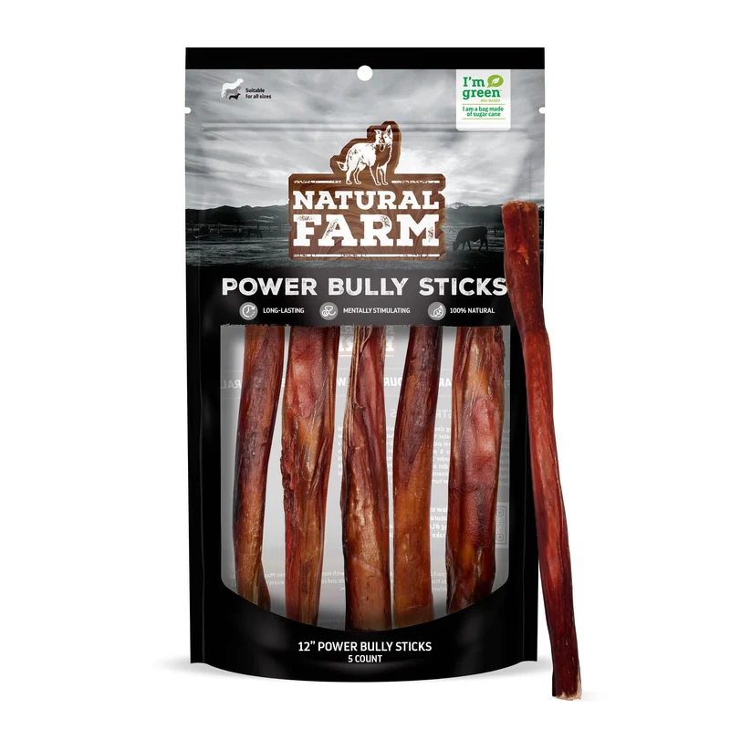 Natural Farm Power Bully Sticks pour Chiens – 12” (5 pièces), 2-en-1: joue de boeuf enrobée de pizzle, friandises dentaires premium