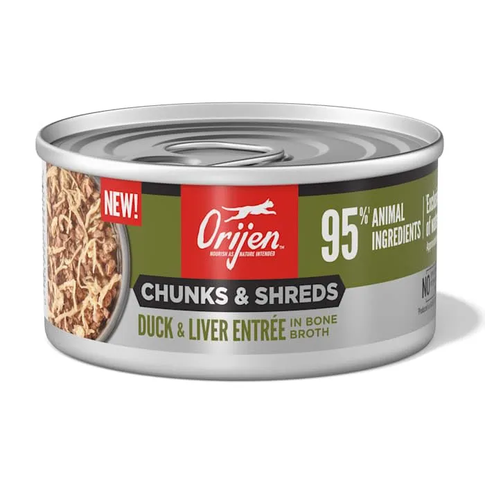 ORIJEN Chunks & Shreds – Entrée Humide Canard et Foie pour Chat, Boîtes 3oz (12×3oz)
