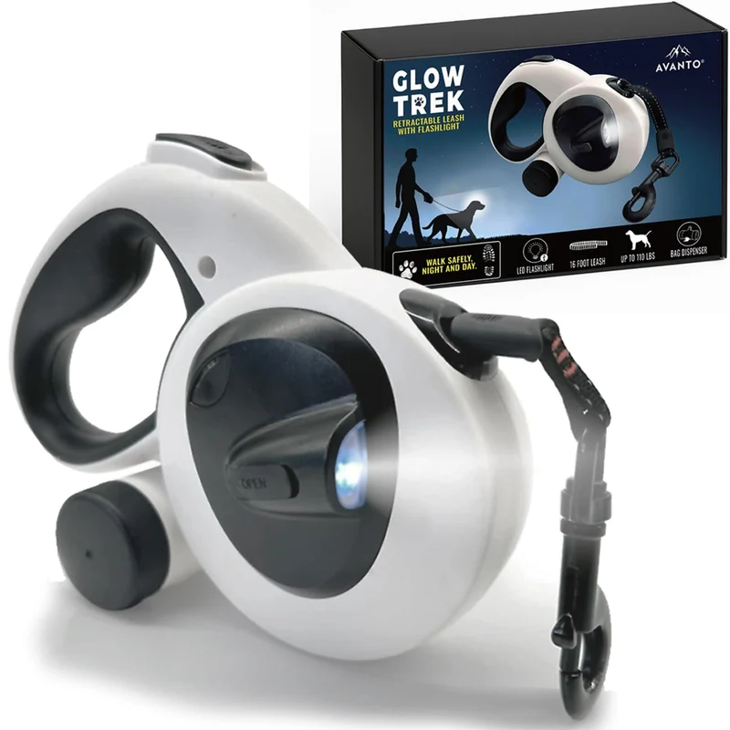 AVANTO Laisse Rétractable avec Phare LED – 16 ft, Pour Chiens jusqu’à 110 lb, 360° Sans Enchevêtrement