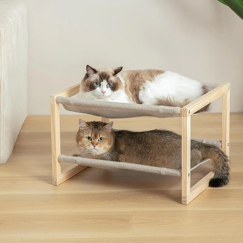 CatAve Hamac pour chat – lit double étage en bois, surélevé 2 niveaux, housses respirantes et lavables