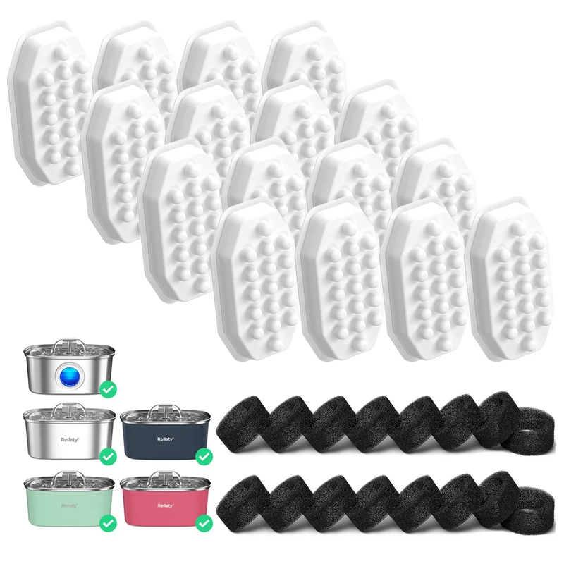 Rellaty – 32 filtres et éponges pour fontaine chat 3,2 L (16+16)