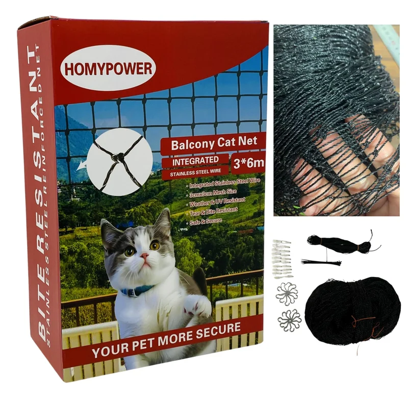 HOMYPOWER Filet Balcon pour Chat 10x20 pieds – Maille renforcée en acier inoxydable, UV et résistant aux intempéries