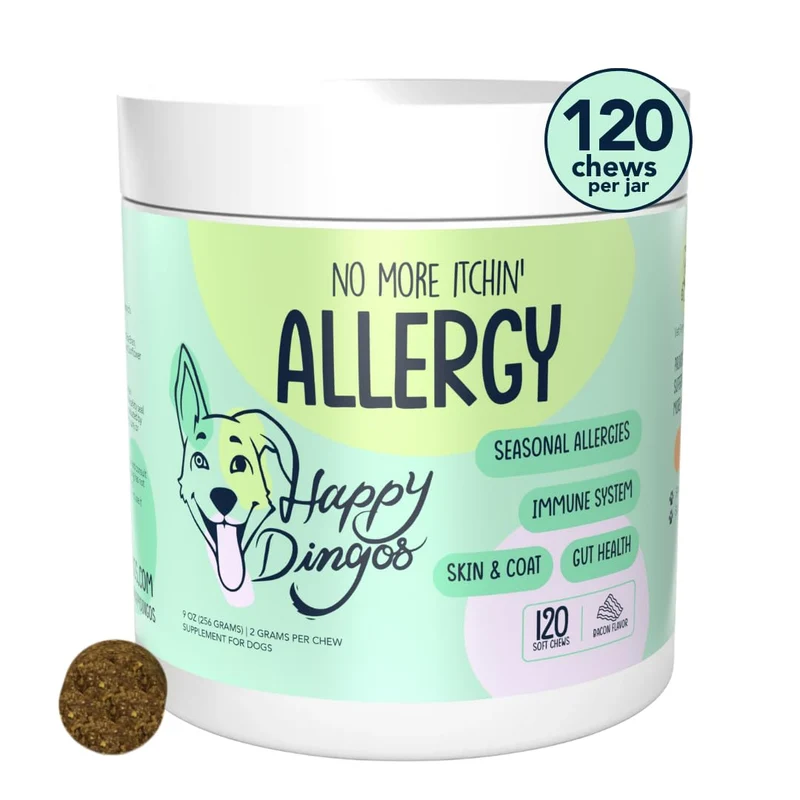 Happy Dingos – Friandises Allergie Chien (Goût Bacon) – Probiotiques et Huile de Saumon – 120 Pièces