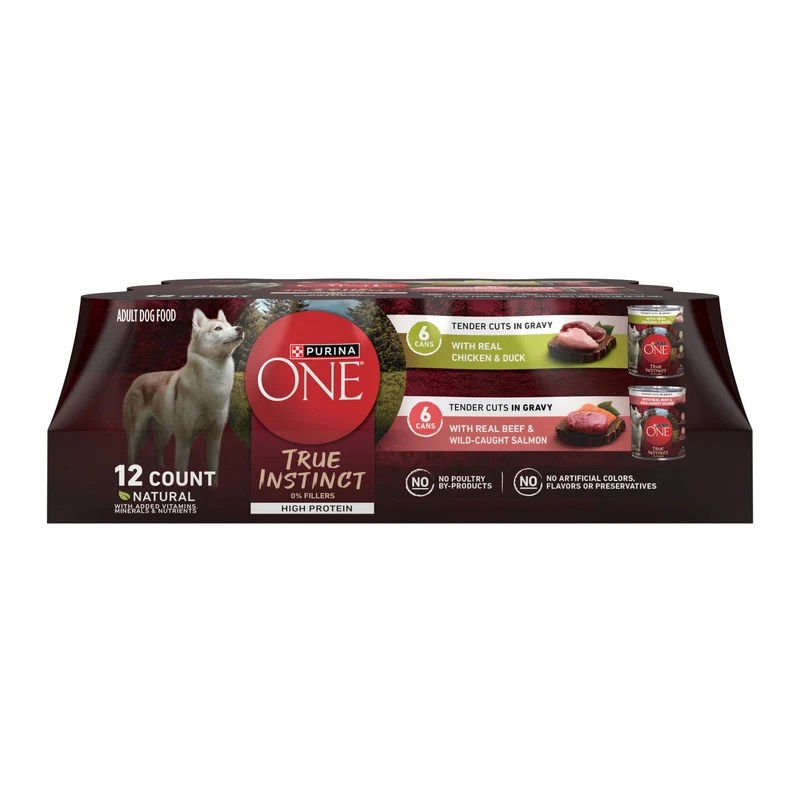 Purina ONE True Instinct Morceaux Tendres en Gravy – Poulet et Canard / Boeuf et Saumon, Haute Protéine, Aliment Humide pour Chien Adulte – Pack 1×13 oz
