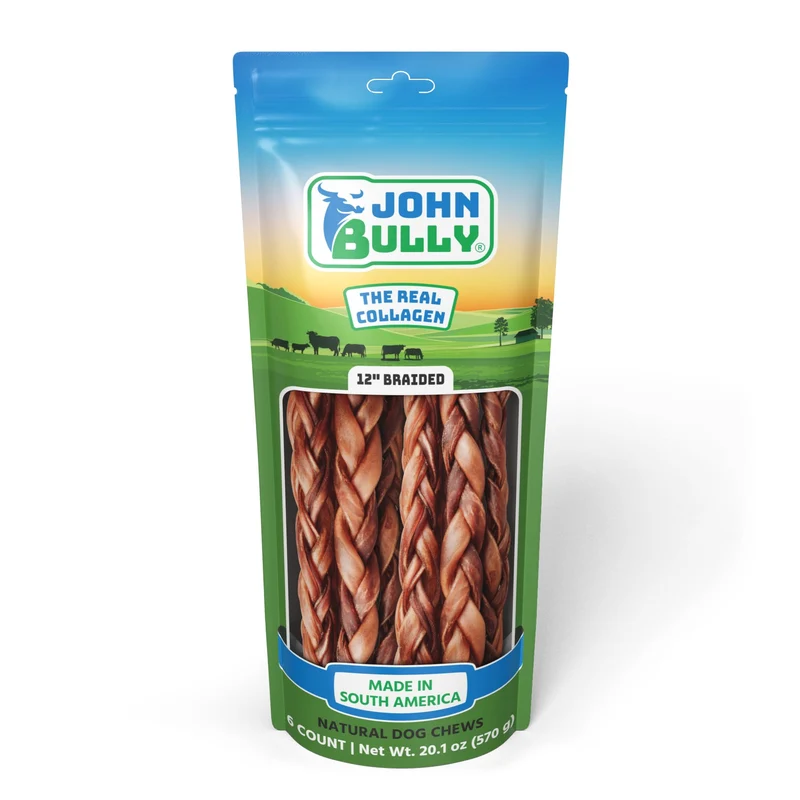 John Bully Collagène tressé 12 po – Lot de 6 pour chiens | 100% naturel, riche en protéines, digestible, sans gluten, sans odeur