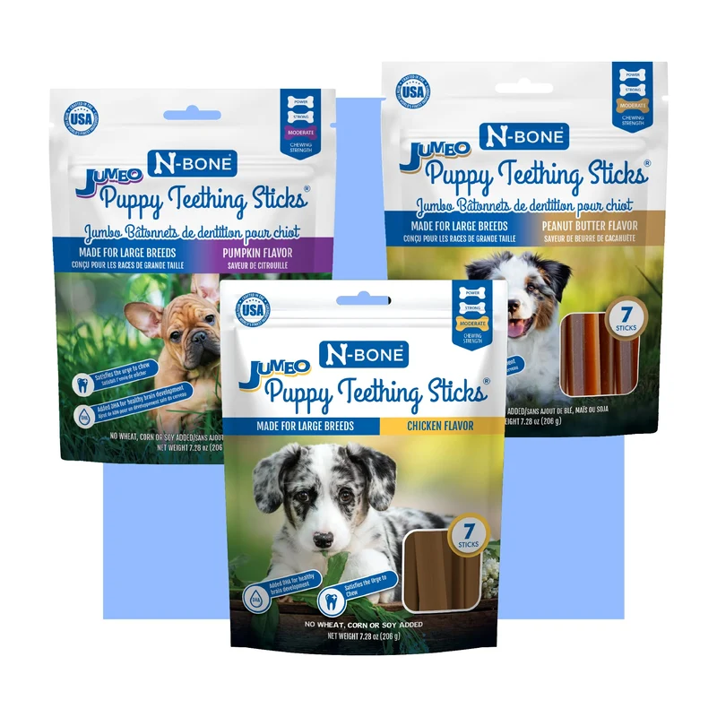 N-Bone Puppy Teething Sticks Jumbo – Trio de Sacs (Poulet, Beurre de Cacahuète & Potiron) – 21 Bâtons