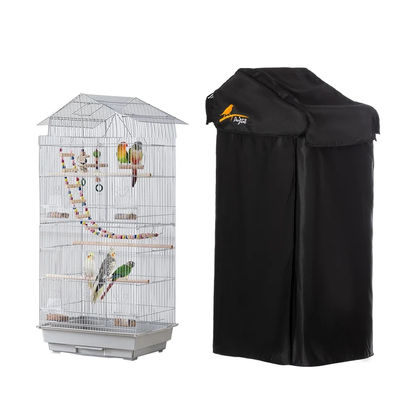 Perfitel Housse de Cage pour Petits Oiseaux Noire – Obscurcissement, Toit, 18x14x40 po, Lavable