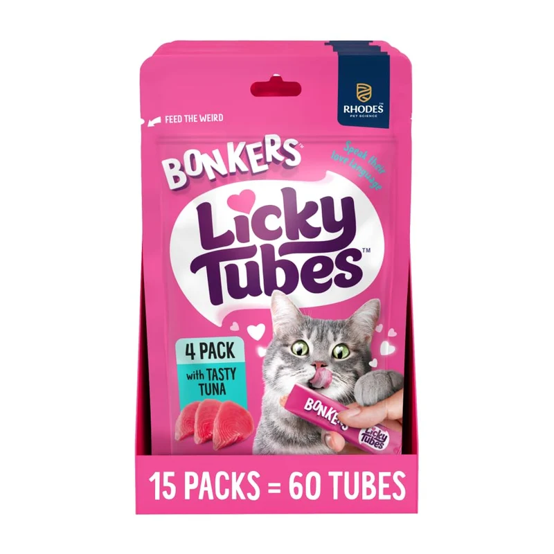 Bonkers Licky Tubes Thon – Friandises à Lécher Crème pour Chats (60 Tubes, 15 Paquets)
