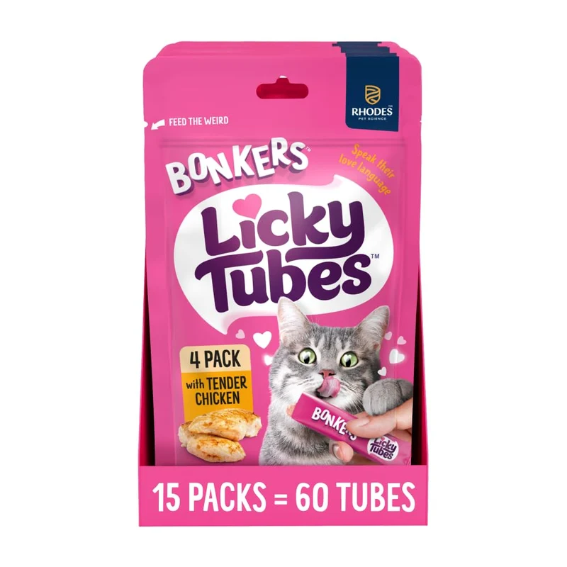 Bonkers Licky Tubes – Friands en Tube au Poulet pour Chats, 60 Tubes (15 Paquets)