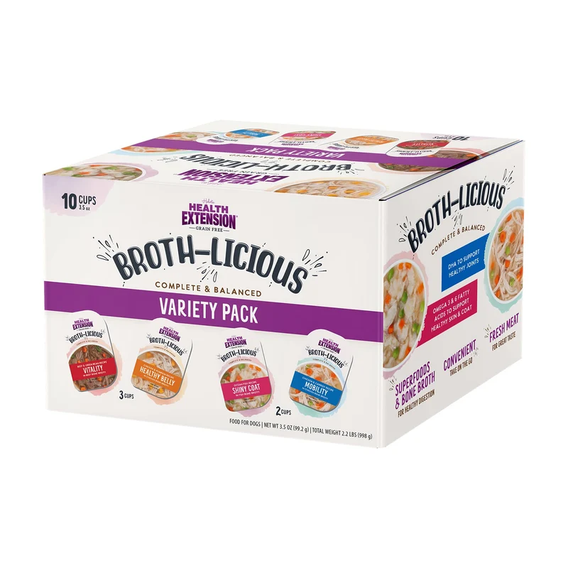 Health Extension Broth-Licious Pack Variété pour Chiens — Sans Céréales, Prêtes à Servir, 10 Coupes de 3,5 oz