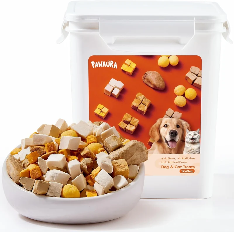 PAWAURA Friandises Lyophilisées pour Chats et Chiens – Boîte scellée 500 g, Protéines de Poulet, Œuf de Caille, Cœurs, Foie, Saumon et Citrouille