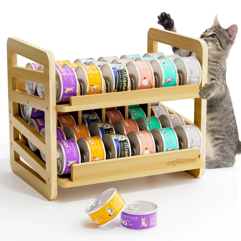 Organisateur roulant en bambou pour boîtes de nourriture pour chat – 2 niveaux, 42 boîtes (3 oz)