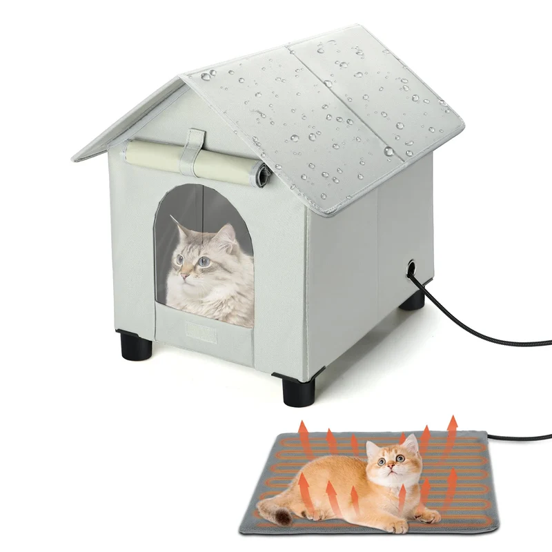 Rypet – Maison Chat Chauffee Extérieure Imperméable et Elevee pour Chats et Petits Chiens (Gris, Petit)