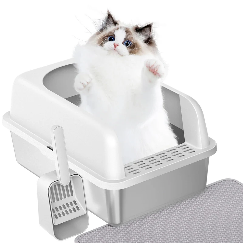 Prodigen Bac à Litière pour Chat en Acier Inoxydable avec Couvercle — Parois Hautes, Anti-Fuite, Facile à Nettoyer