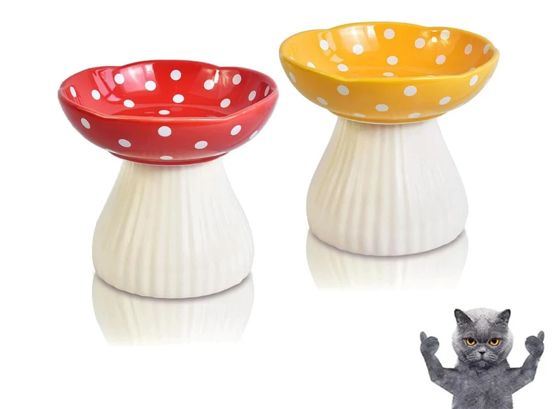Giciubui – Gamelle Chat Champignon Élevée, Sans Plomb et Cadmium, Anti-Fatigue Moustaches, Rouge & Jaune