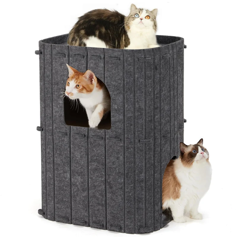 FUKUMARU Maison-chat intérieur 2 étages – Nid-feutre et tunnel pour chats multicats