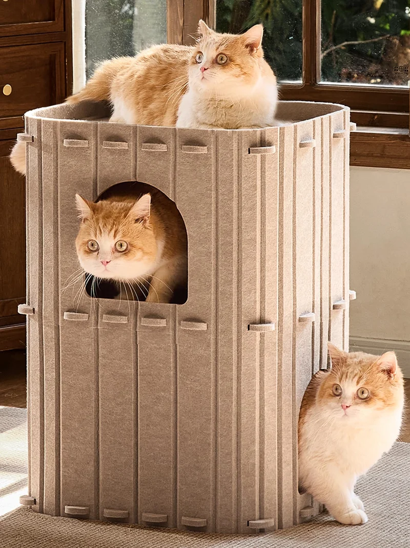 FUKUMARU Maison-chat intérieur 2 étages – Grotte cosy en feutre beige, refuge pour chats multicats