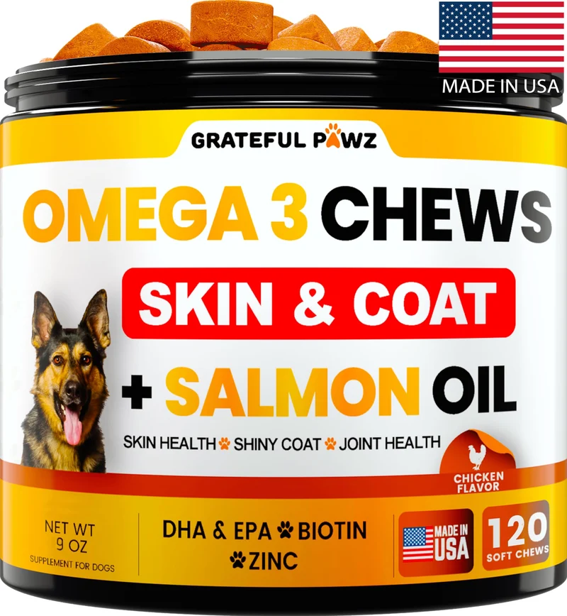 Grateful Pawz Omega 3 pour chiens – Bouchées au poisson, démangeaisons et pelage sain – EPA et DHA – Fabriqué aux États-Unis