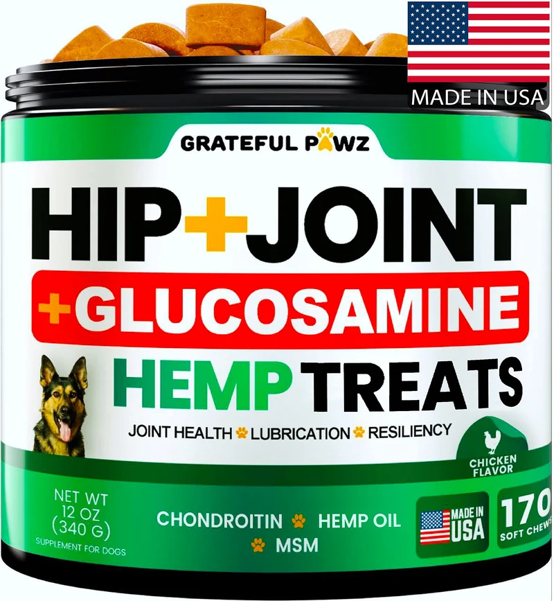 Grateful Pawz – Supplément Hanches et Articulations pour Chiens | Glucosamine, Chondroïtine, MSM | 170 Friandises