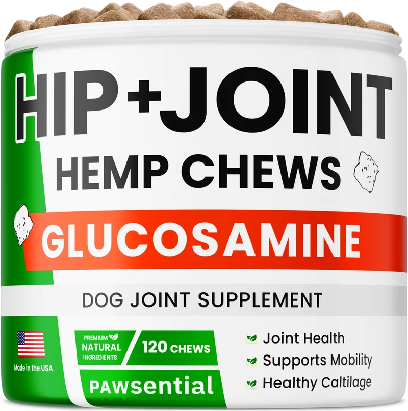 Friandises au chanvre Pawsential pour chiens – Soutien des hanches et des articulations avec glucosamine, chondroïtine, curcuma et MSM – 120 bouchées