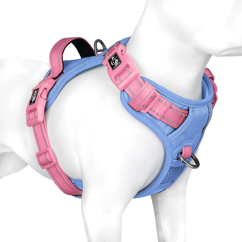 PHOEPET Harnais Chien Sans Tir - Réglable, Réfléchissant, Poignée Douce, Clips Métalliques - Taille M – Bleu Bébé et Sangles Roses