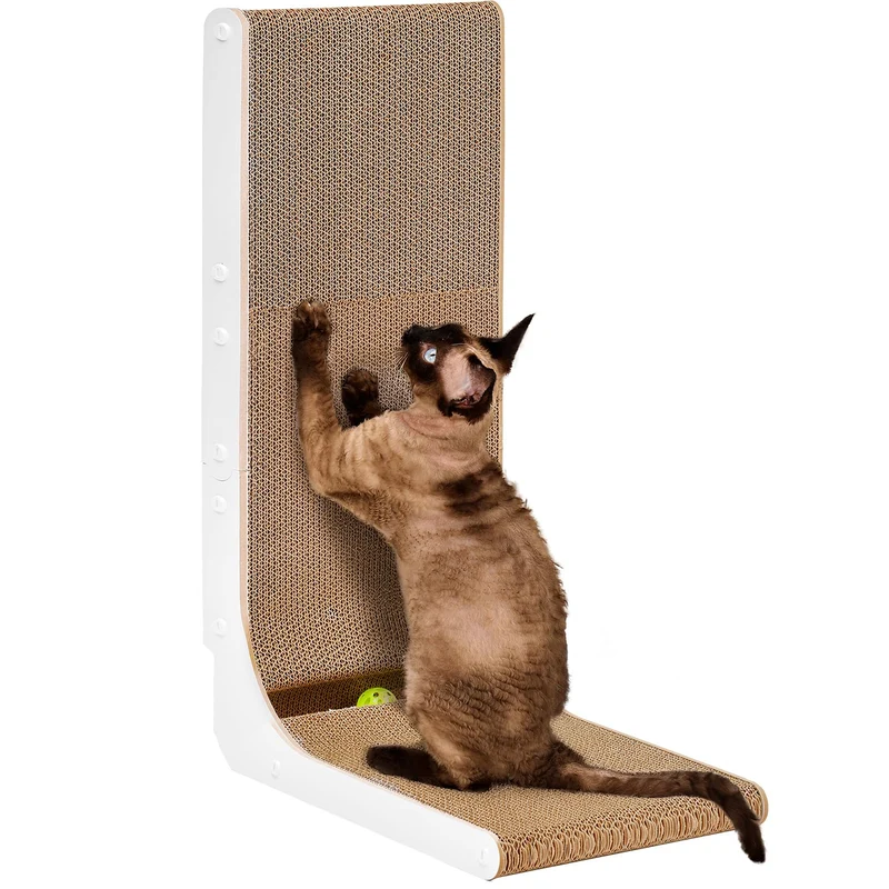 EHEYCIGA Griffoir en Carton pour Chats d’Intérieur – Design en L, 26,8 pouces, Balle Jouet, Grand Pad, Blanc