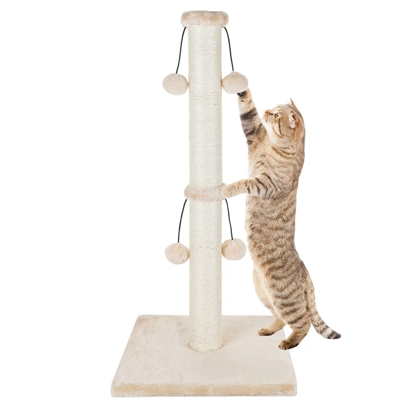 Dimaka Poste à Griffes Chat 29 po – Sisal Naturel, 4 Boules de Jeu, Beige