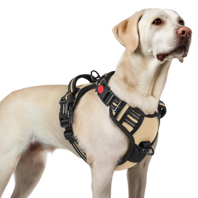 rabbitgoo Harnais pour Chien Grand – Anti-Tir, 3 Boucles Rapides, Maille Respirante, Poignée, Bandes Réfléchissantes, Beige, Taille L